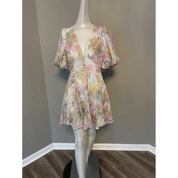 Hemant And Nandita Metallic Floral Puff-Sleeve Minidress in White - Picture 3 of 5